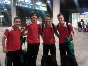 Manu, Pablo Salado, Chicho y Pope a la llegada a Barcelona